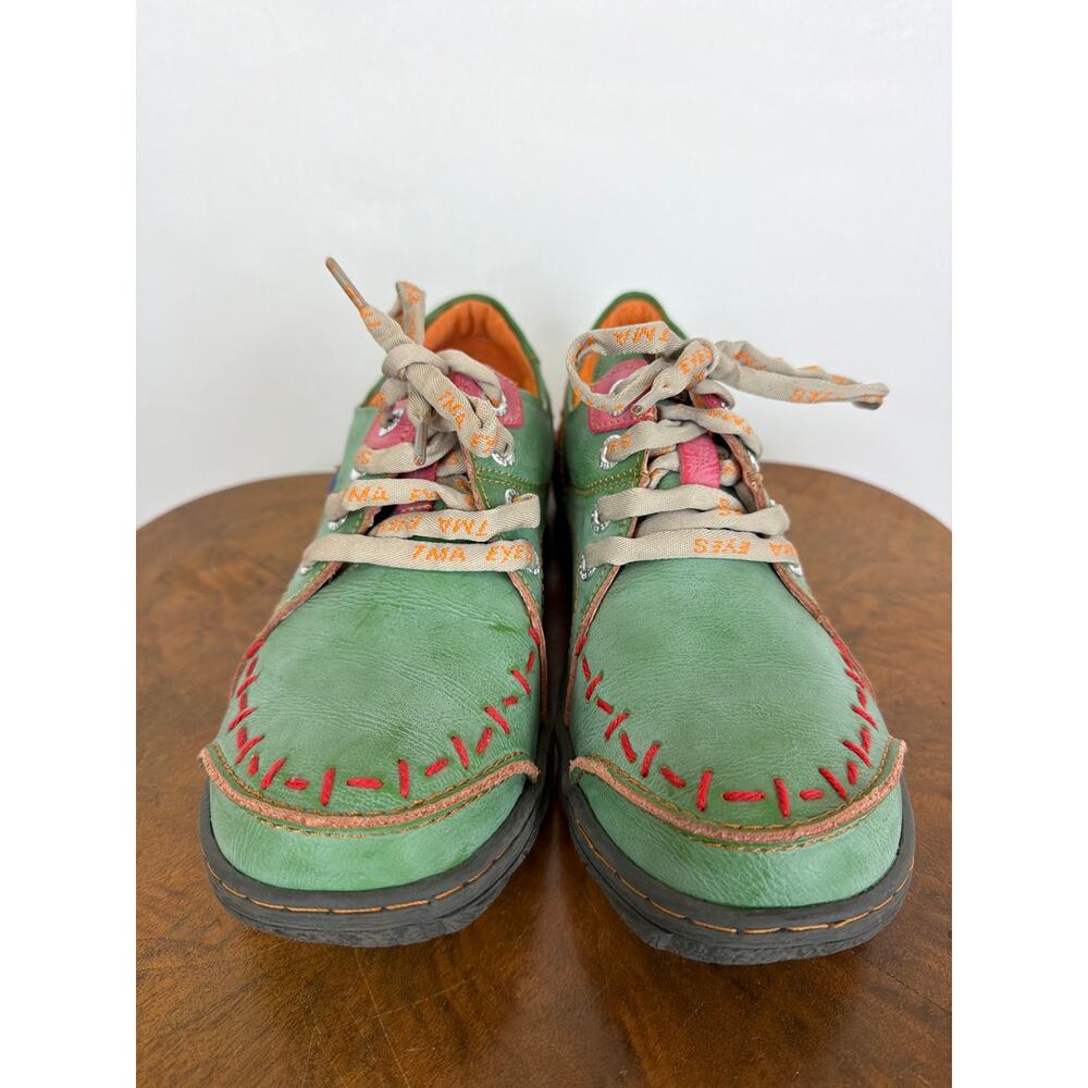 TMA Eyes Green Leather Lace Up Red Stitching Wide Toe Comfort Shoes 10.5 - Picture 2 of 9